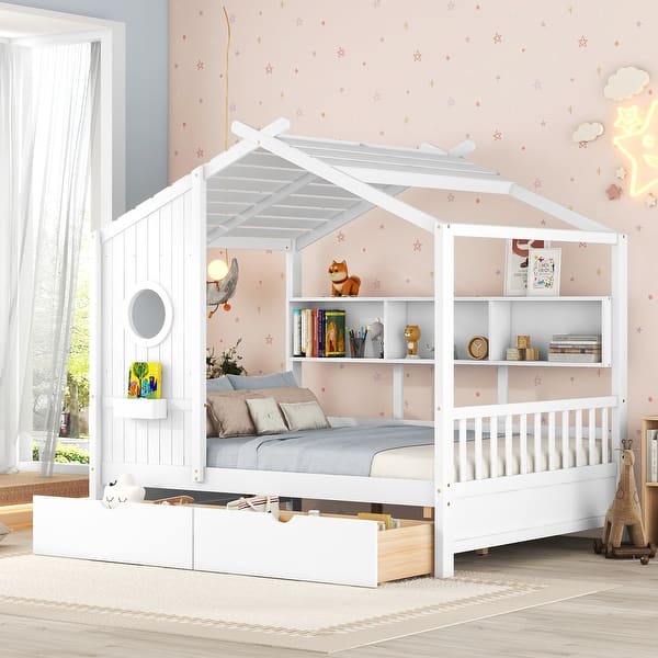 slide 2 of 36, Wooden House Bed with Roof, 2 Drawers, and Storage Shelf Full - White