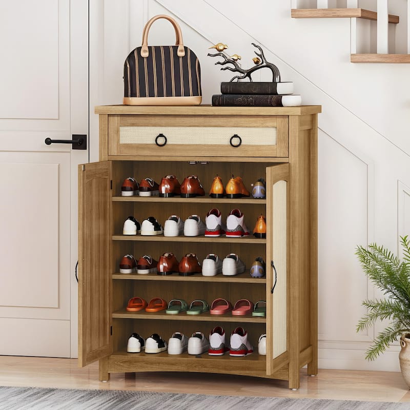 Moasis Farmhouse 20 Pairs Shoe Cabinet with Drawer Rattan Shoes Rackt with Doors for Entryway Hallway - Brown