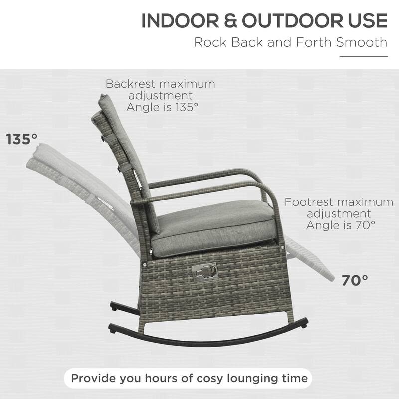 Outsunny Outdoor Rattan Rocking Chair Patio Recliner with Soft Cushions, Adjustable Footrest