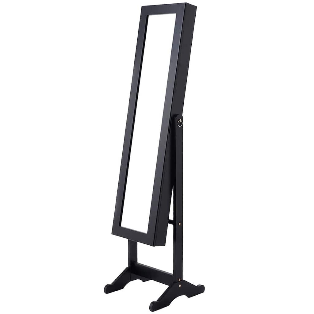 Black Wood Jewelry Storage Cabinet Freestanding Floor Mirror - 13" x 14.5" x 56" (L x W x H)