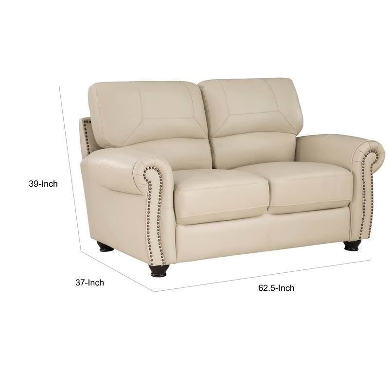Kia 63 Inch Loveseat, Cream Top Grain and Faux Leather, Brown Solid Wood
