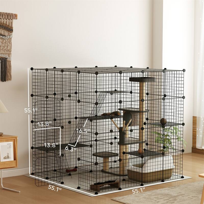 Black Steel PP Expandable Cat Cage with Jump Platforms and Doors