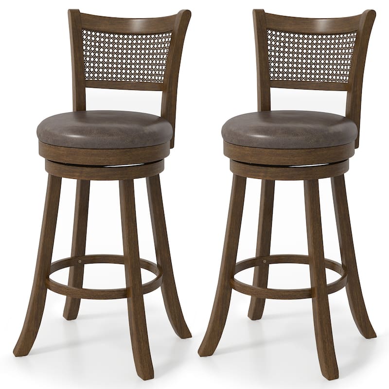 Brown Swivel Bar Stools with Rattan Back and Leathaire Seat 30 Inch Counter Height Chairs with Wooden Frame for Kitchen Island - Brown