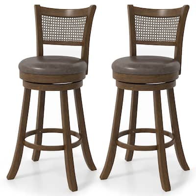 Brown Swivel Bar Stools with Rattan Back and Leathaire Seat 30 Inch Counter Height Chairs with Wooden Frame for Kitchen Island