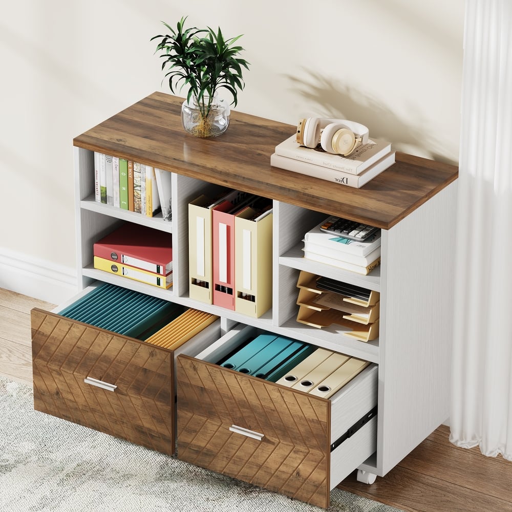 2-Drawer Wood File Cabinet with Open Shelves, Mobile Lateral Filing Cabinet for Hanging Letter Size Files