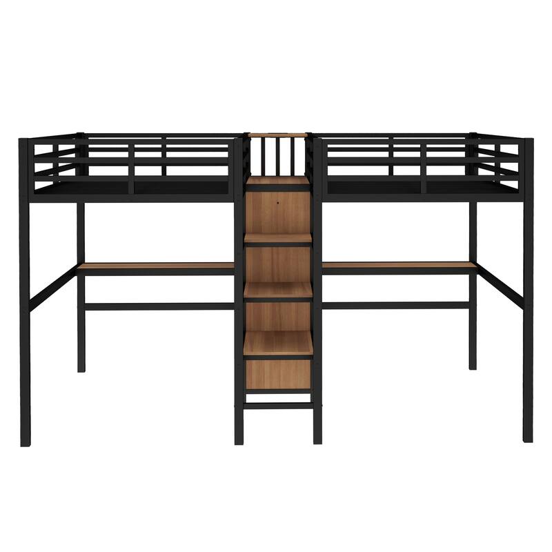 Twin Over Twin Metal Loft Bed with Desk Wardrobe Shelves Electrical Outlet