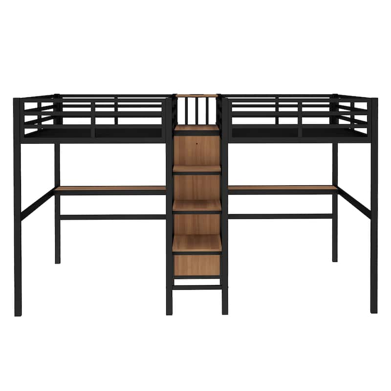 Twin Over Twin Metal Loft Bed with Double Desk, Wardrobe & Shelves