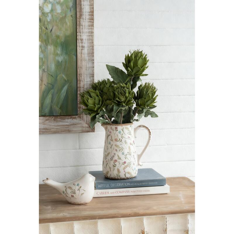 8.1x5.7x9.1" Round Ceramic Pitcher Vase with Multi-Colored Floral Motifs - Multicolor