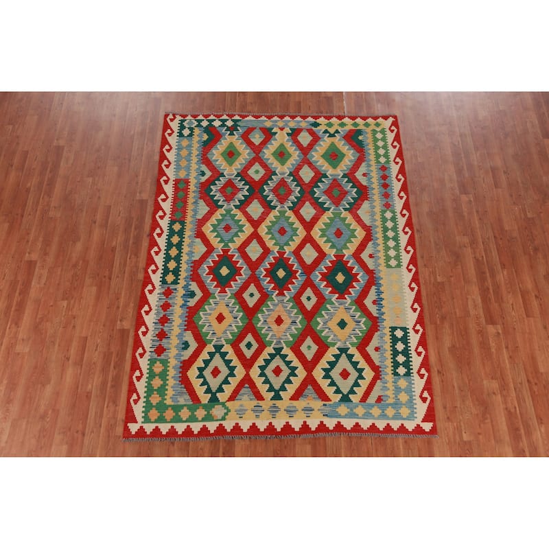 Hand Woven Oriental 100% Wool Carpet Southwestern Geometric Multi-Colored Kilim Area Rug - 8' 0'' X 5' 10''