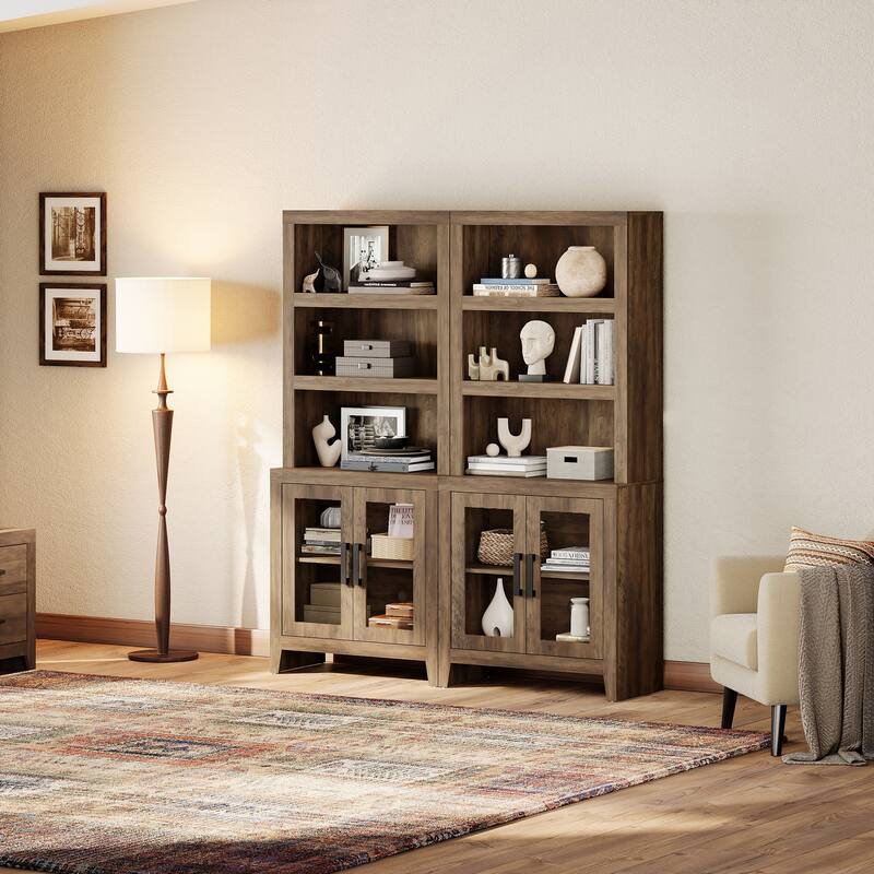 WAMPAT 3 Tier Bookshelf with Glass Door, 74" Tall Bookcase with Adjustable Shelf and Storage Cabinet, Farmhouse Wooden Bookshelf