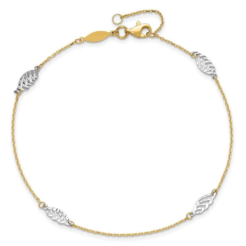 Curata Women's 14k Two-Tone Gold Textured and Polished Leaf Anklet - 10 Inch
