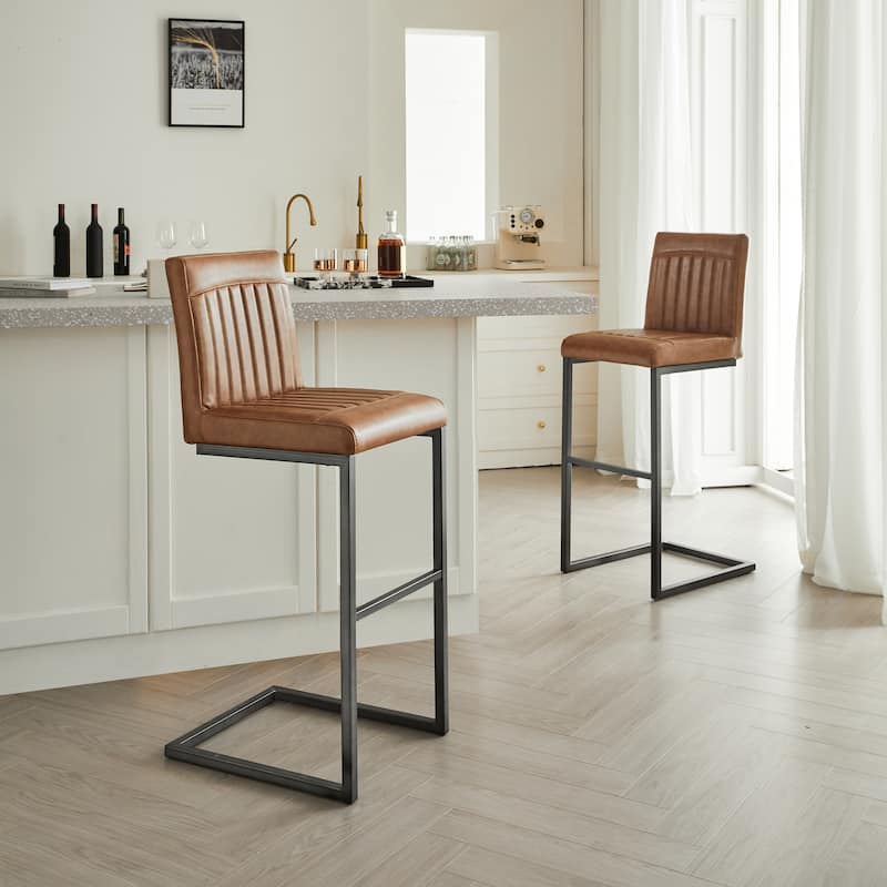 Set of 2 Brown Faux Leather Bar Stools, Padded Seat with Black Metal Frame, Counter Height