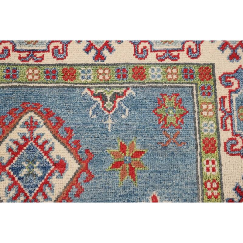 Light Blue Geometric Kazak Rug Hand-Knotted Wool Carpet - 3'3" x 4'11"