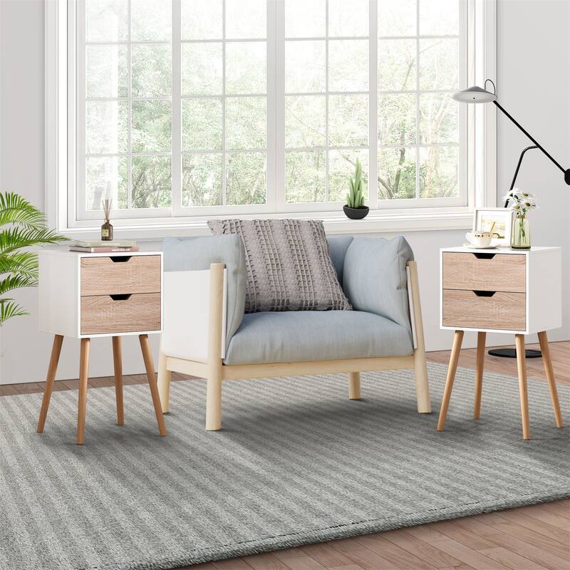 Nightstand w/ 2 Drawers, Bedside Tables w/ Solid Wood Legs and Storage