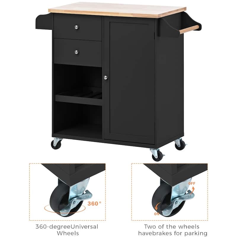 41.3 in. W Kitchen Island Rubberwood Top on 4 Wheels with 2 Drawers and Large Storage Cabinet