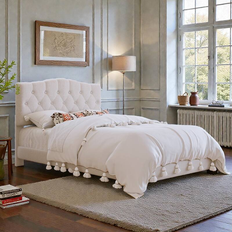 Upholstered Platform Bed with Adjustable Saddle-Curved Diamond Tufted Headboard, Wooden Slats and Metal Support