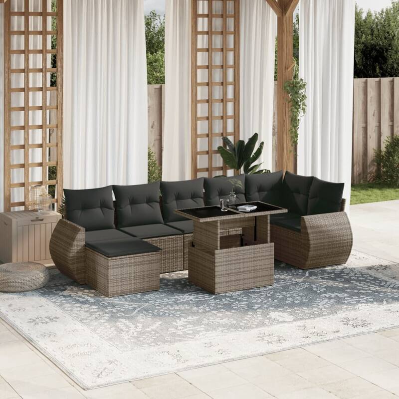 vidaXL Patio Sofa Set with Cushions Outdoor Furniture 8 Piece Poly Rattan - 21.7 x 39.4 x 28.7 - Grey-without storage