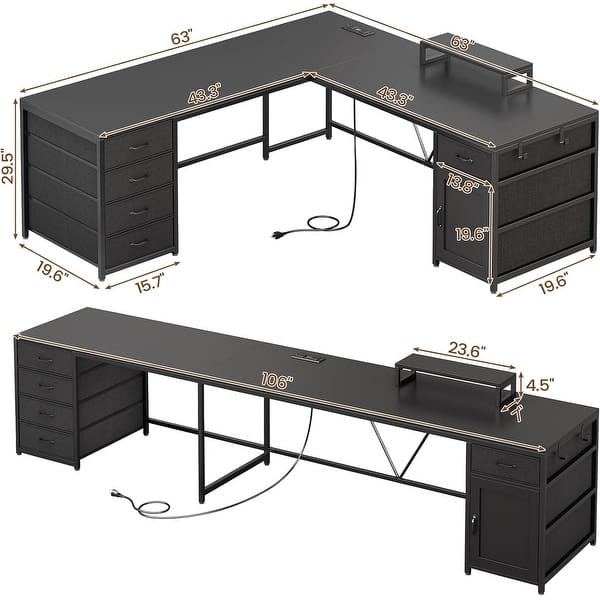 dimension image slide 2 of 10, L Shaped Computer Desk 5 fabric Drawers Gaming Desk Storage Shelf