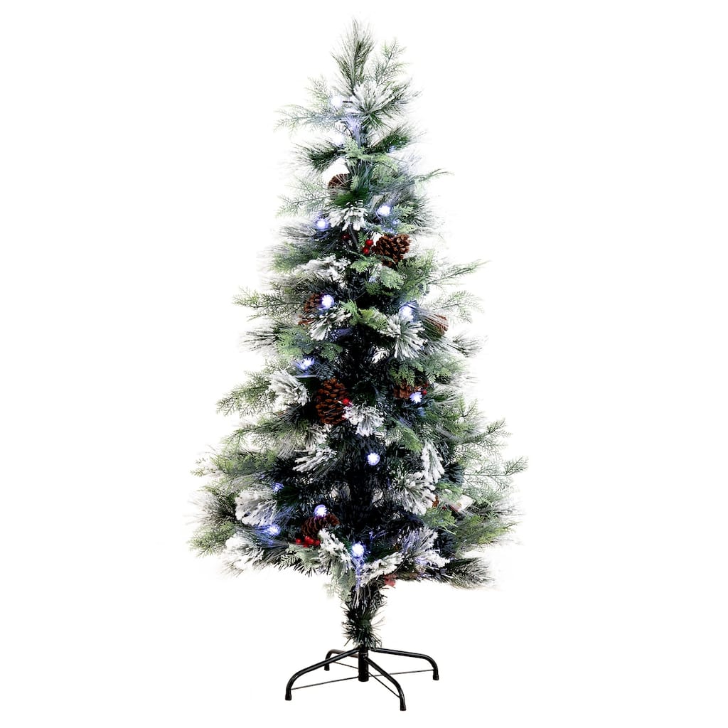 5ft. Flocked Pre-Lit Fiber Optic Artificial Pinecone and Berries Christmas Tree with 48 White LED Lights - Sparkling X-Mas Tree