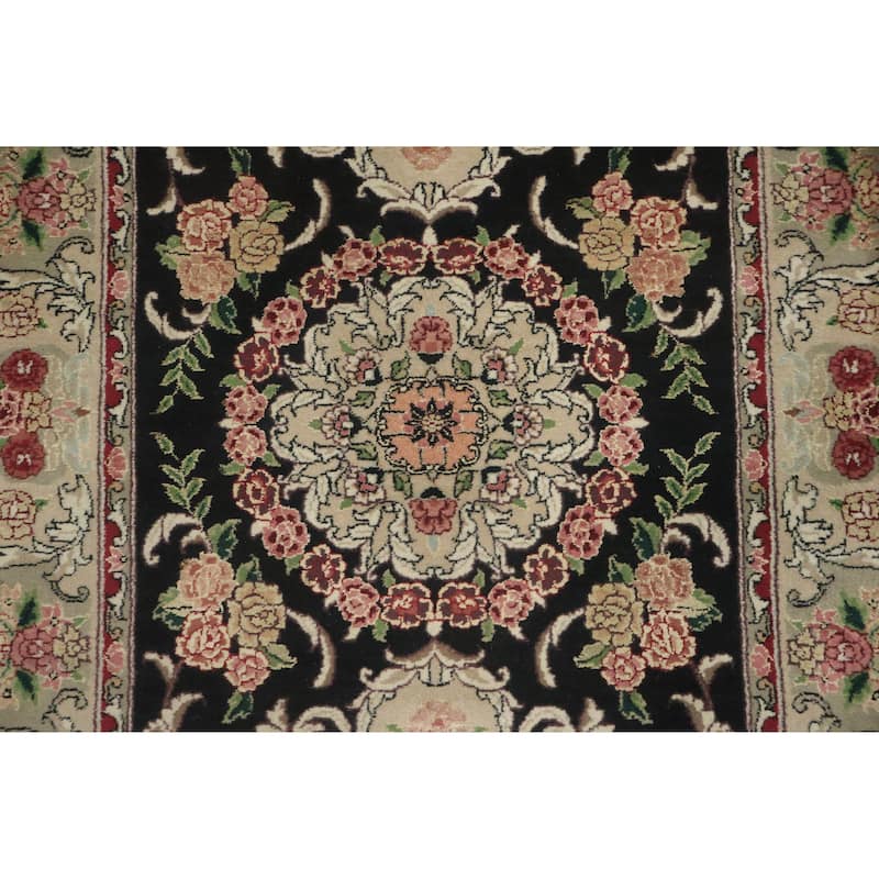 Hand Knotted Oriental 100% Wool Carpet Traditional Floral Black Aubusson Runner Rug - 10' 0'' X 2' 6''