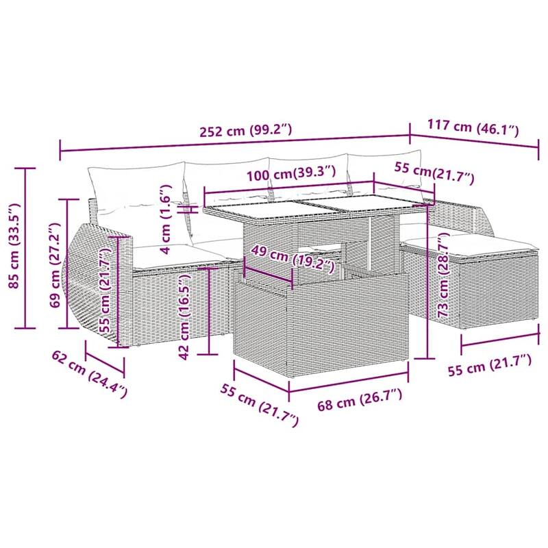 vidaXL Patio Sofa Set with Cushions and Table Outdoor 6 Piece Poly Rattan - 21.7 x 24.4 x 27.2