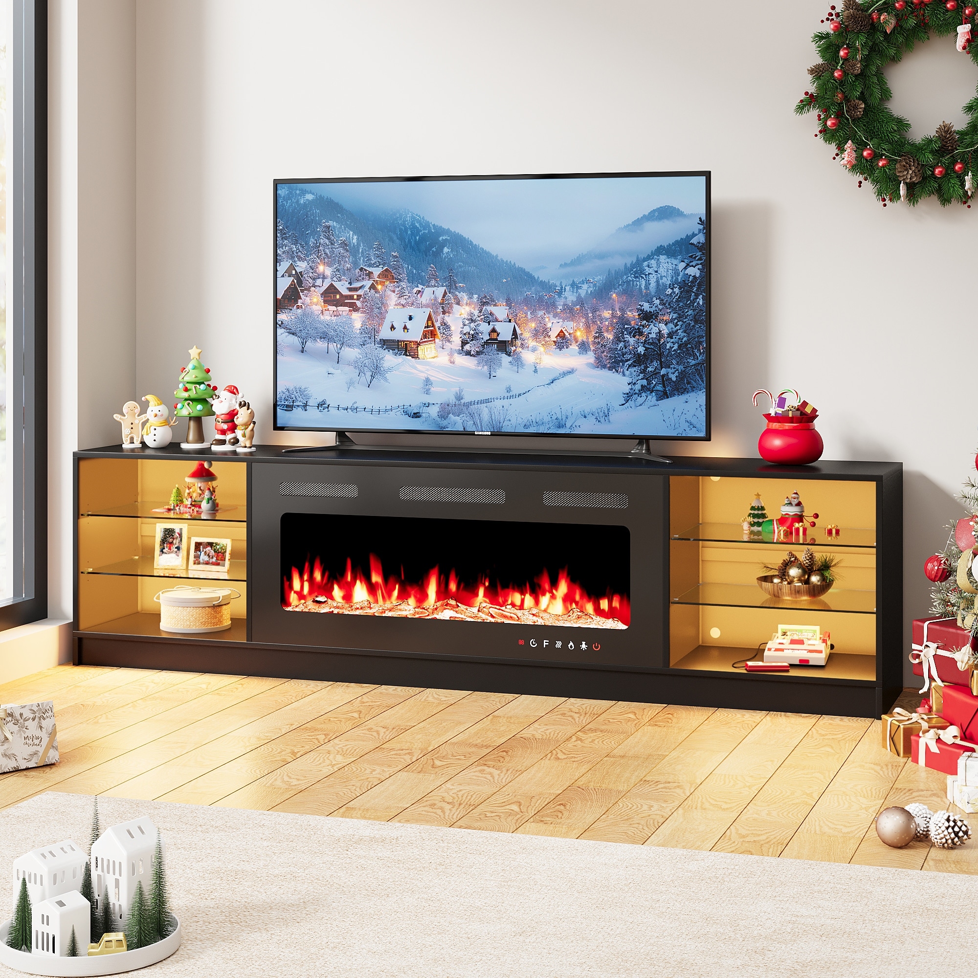 EROMMY 79" Fireplace TV Stand with 40" Electric Fireplace, Entertainment Center with Adjustable Glass Shelves
