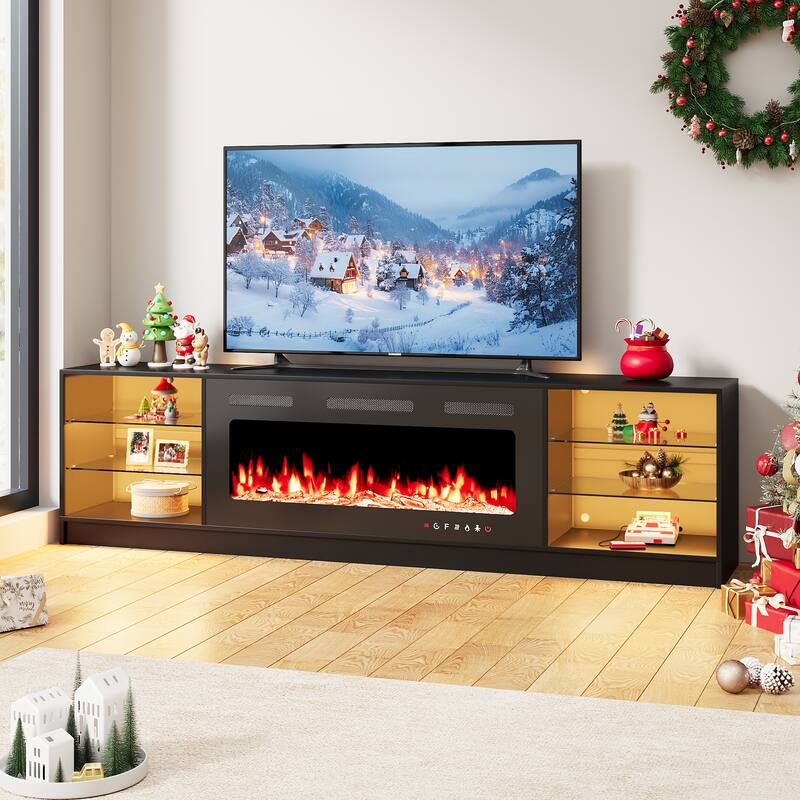 EROMMY 79" Fireplace TV Stand with 40" Electric Fireplace, Entertainment Center with Adjustable Glass Shelves - Black