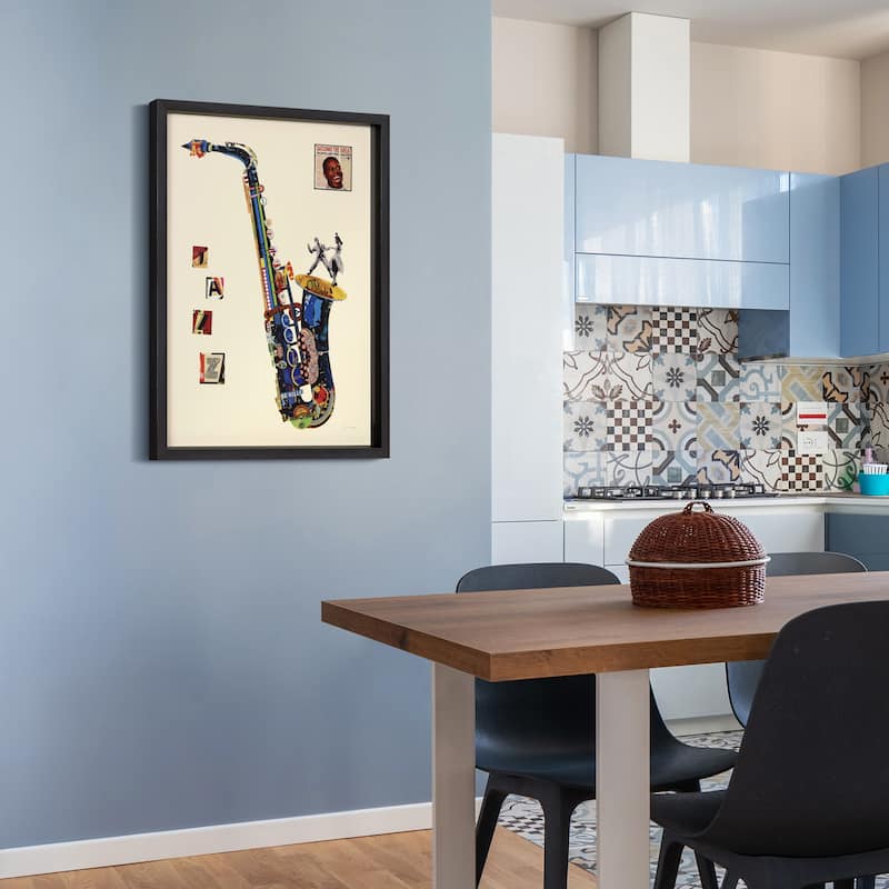 "Saxphone" Dimensional Collage Framed Graphic Art Under Glass Wall Art