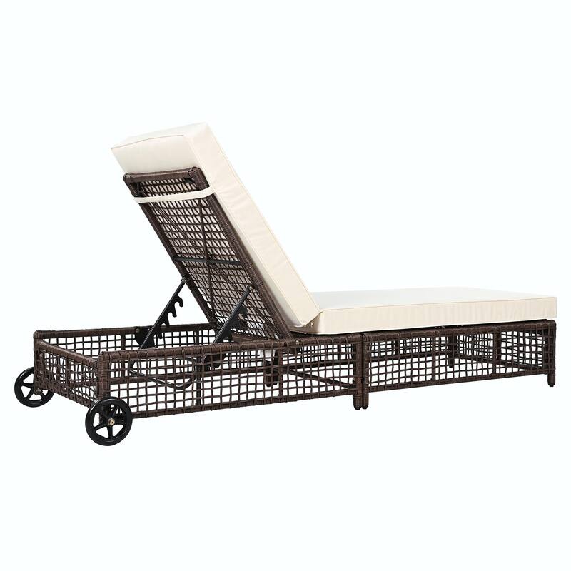 Outdoor Lounge Chair - Rattan Patio Chaise Lounge with 5-Position Backrest, Cushion, and Wheels