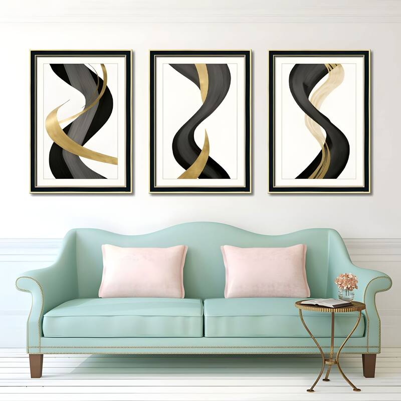 Set of 3 Black and Gold Abstract Framed Wall Art - Replaceable Canvas Prints with Solid Wood Picture Frames - Black