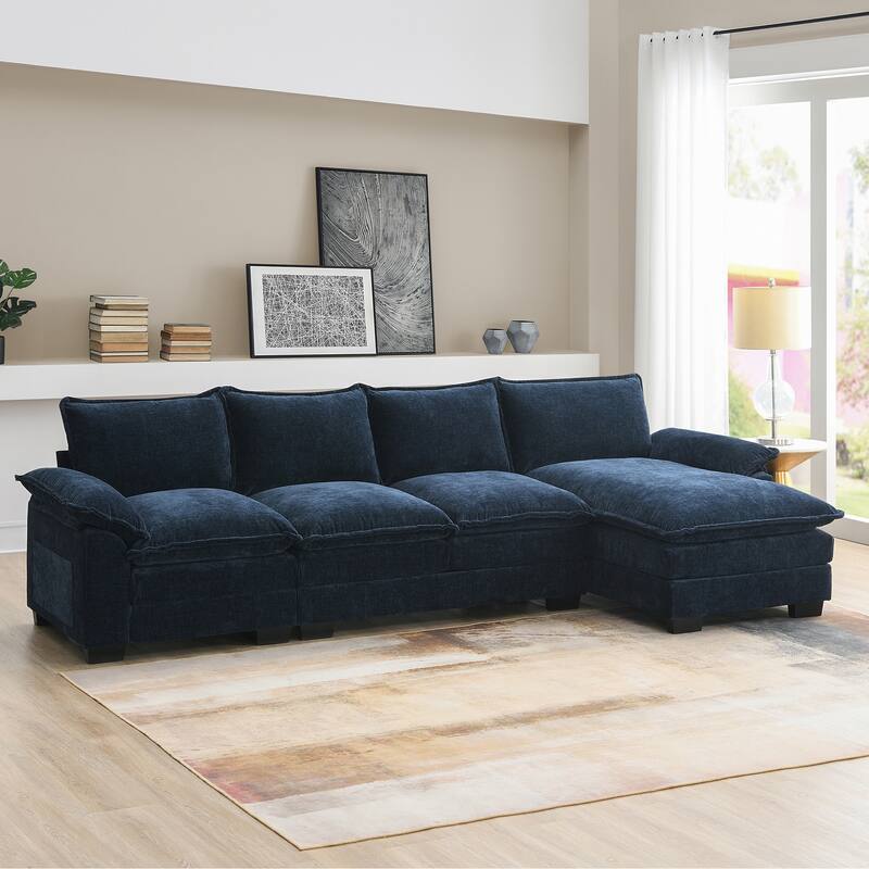 Chenille Upholstered Sectional Sofa with Chaise and Storage Pockets, 5 Seat Lounge Cloud Couch L-shaped Recliner Couches - Dark Blue
