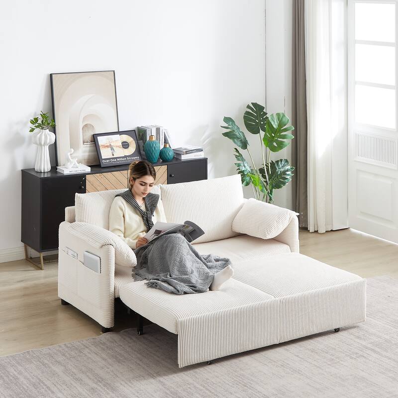 65" Corduroy 2-Seater Sleeper Sofa, 3-in-1 with Storage and Side Pocket