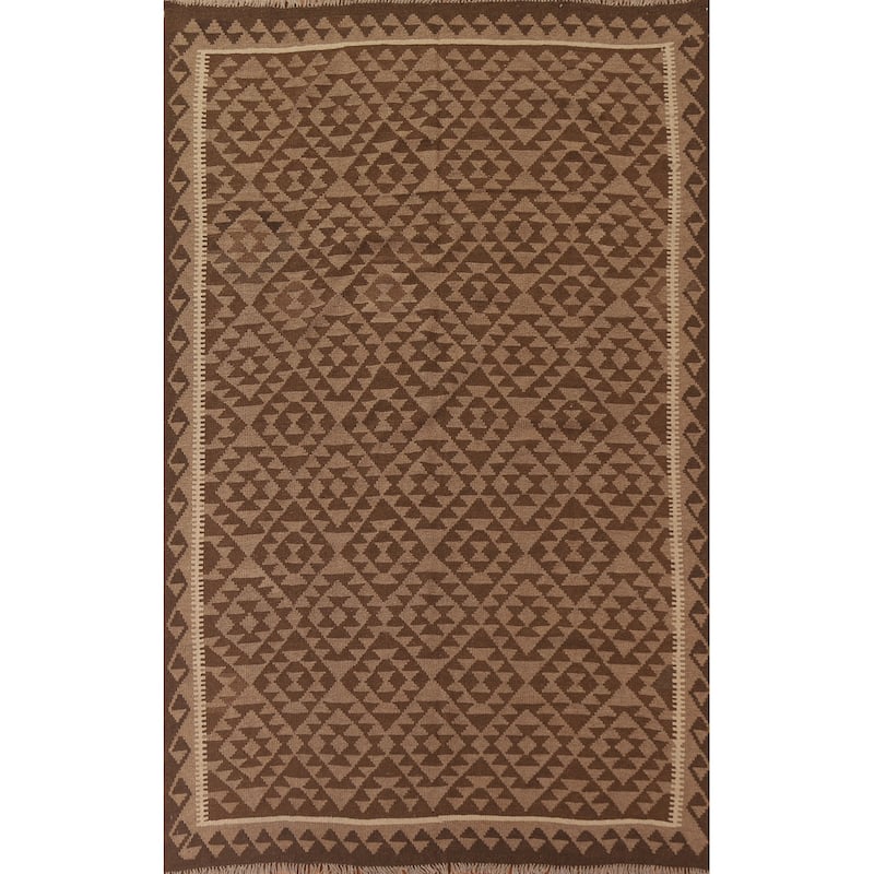 Brown Kilim Reversible Area Rug Hand-woven Wool Carpet - 6'5" x 9'5"
