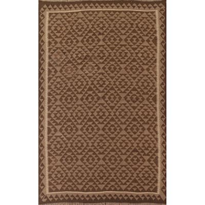 Brown Kilim Reversible Area Rug Hand-woven Wool Carpet - 6'5" x 9'5"