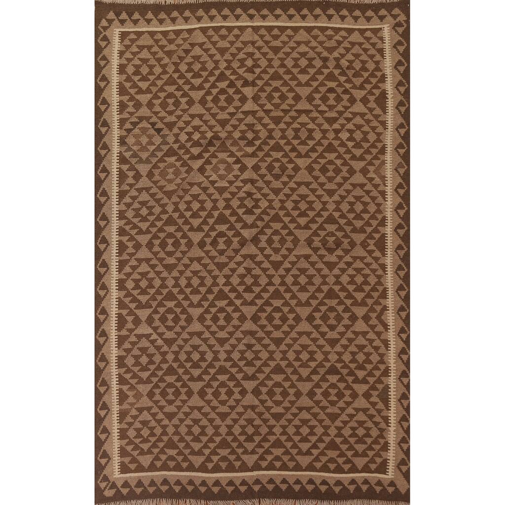 Brown Kilim Reversible Area Rug Hand-woven Wool Carpet - 6'5" x 9'5"