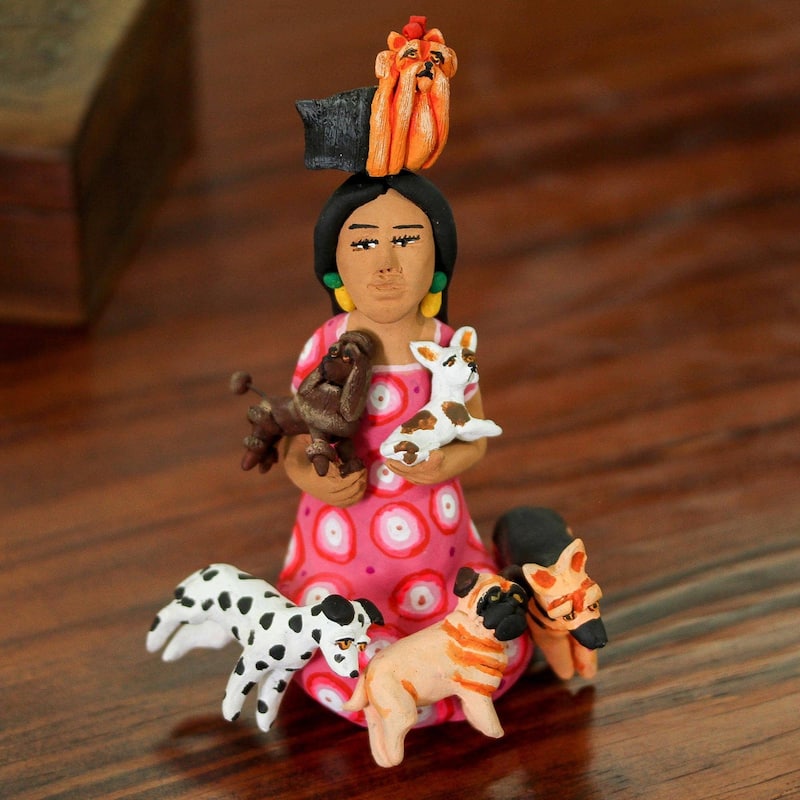 Novica Handmade Woman With Dogs Ceramic Sculpture