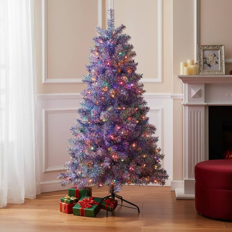 HomeRoots 6' Silver Pre Lit Full Tinsel Christmas Tree - 42.70 in. x 72.00 in. x 42.70 in. - Silver - 6 Foot
