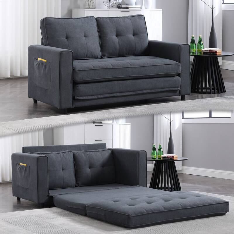 Folding Sofa Bed with Two Storage Pockets, Linen Convertible Foldable Couch Bed