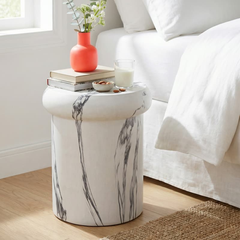 Christopher Knight Home - Lightweight Concrete Sculptural Side Table with Faux Marble Travertine Finish for Indoor & Outdoor