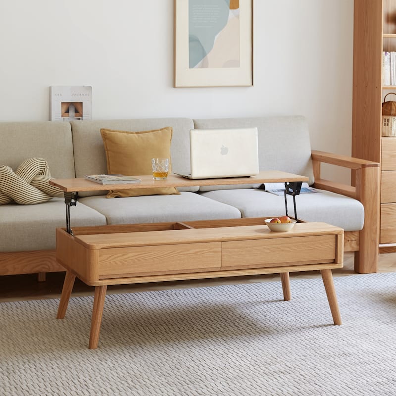Elevating Low Center Table Solid Oak Wood Coffee Table with Lift Top, Hidden Storage, Drawers and Carbon Steel Base