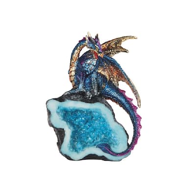 Q-Max 5.5"H Colorful Dragon Guarding Blue Crystal Cave Statue Fantasy Decoration Figurine