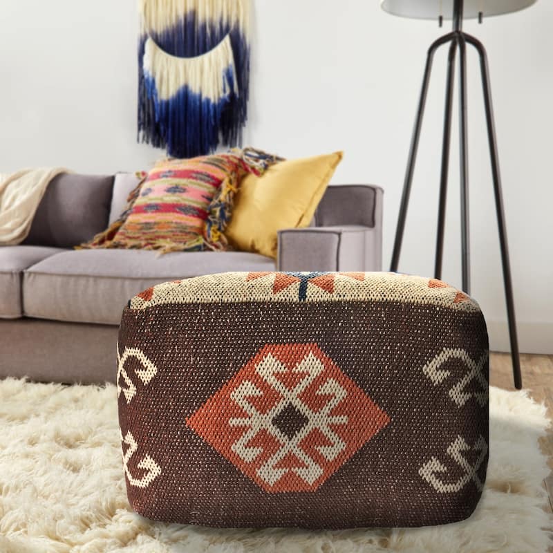 18" Brown Tribal Pouf Ottoman for Living Room and Bedroom