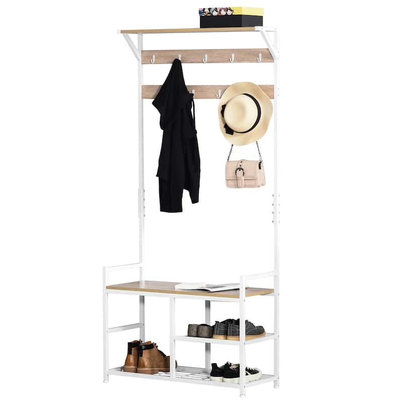 HOMCOM Hallway Tree Bench Organizer with 9 Coat Hooks, Large Sitting Bench and 3 Open Shelves for Entryway