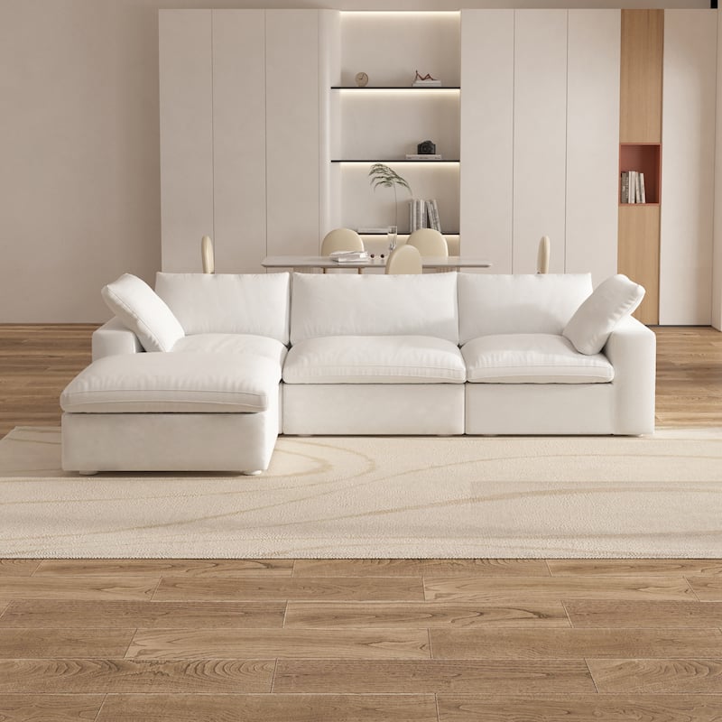 Modern Down Filled Modular 4 Piece Sectional Sofa L-shape Linen Upholstered Couch with Storage Ottoman - White