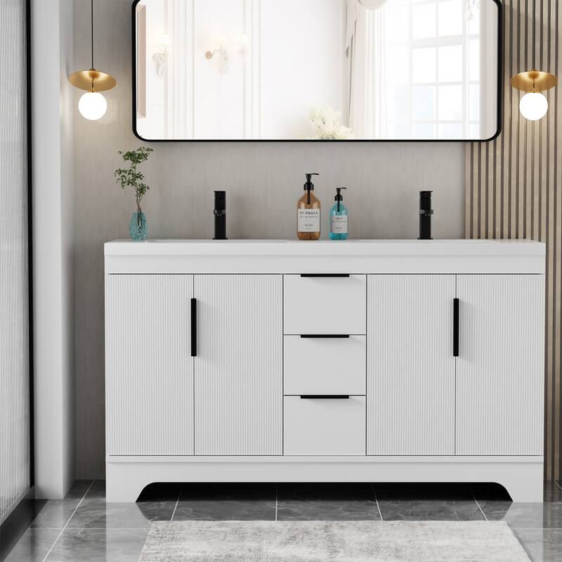 Vertical Stripes Bathroom Vanity Set with Sink Top & Faucet - 60"Double Sink - White-60"Double Sink