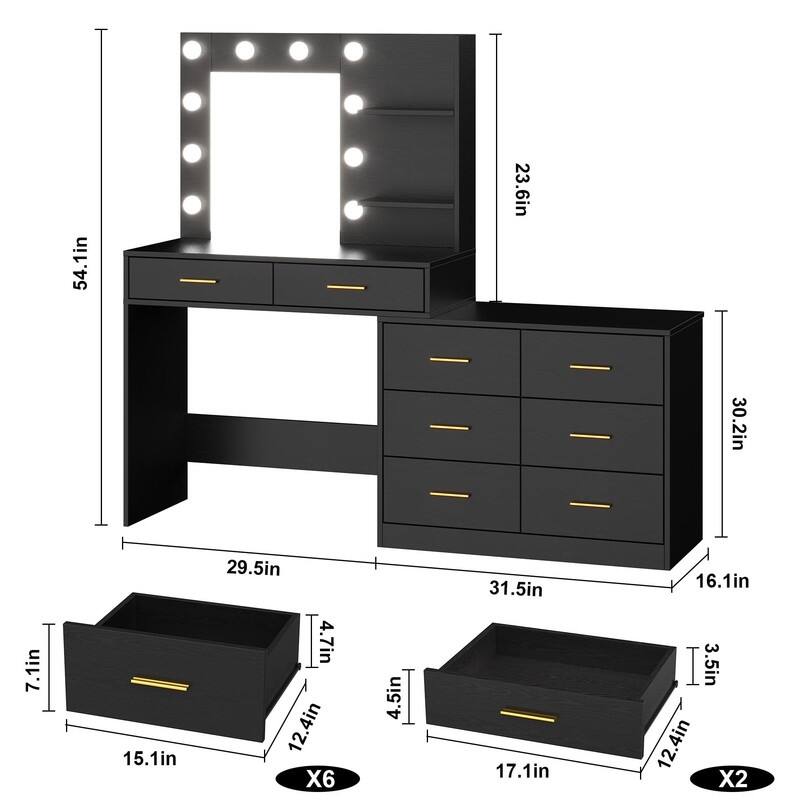 61" Makeup Vanity Desk with Mirror and Lights, 8 Drawers, 2 Shelves