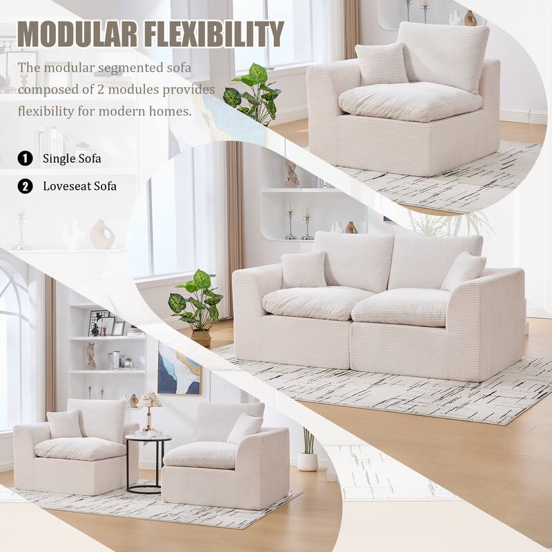 Modular Cloud Sectional Sofa, Comfy 2-Seater Corduroy Couch with Removable Covers