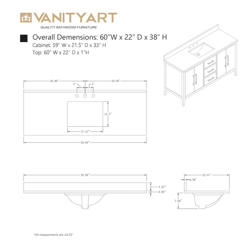 Vanity Art 60" Single Sink Bathroom Vanity Cabinet with Engineered Marble Countertop