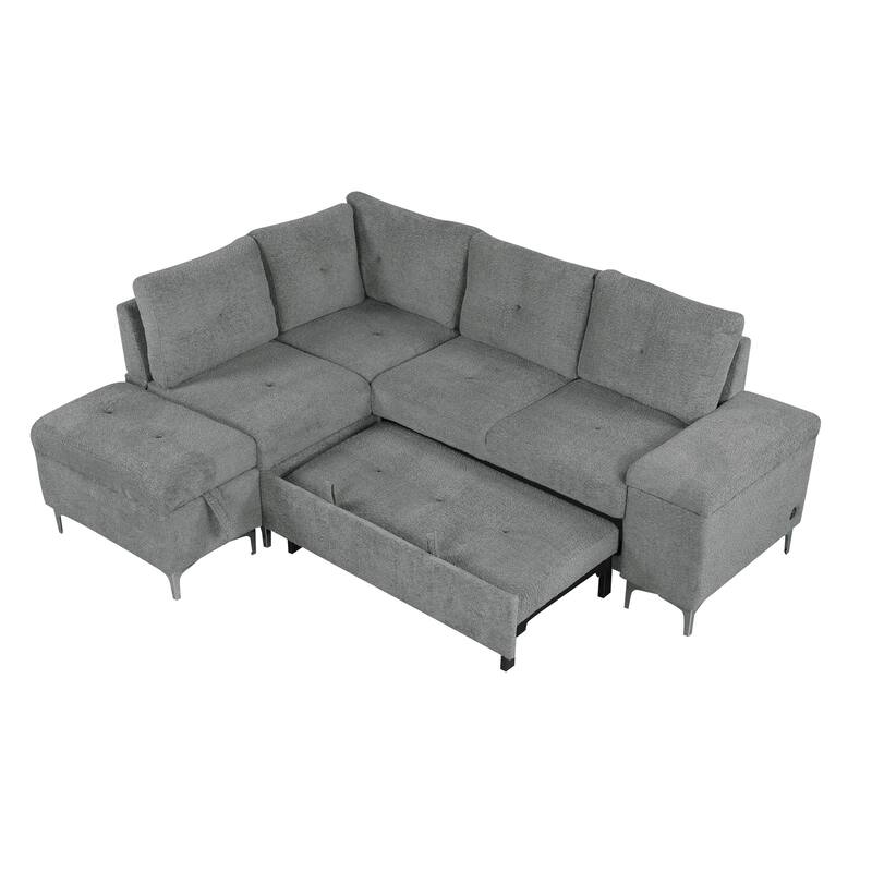 88.2" Chenille L-Shaped Sofa with Bed, Storage, Cup Holders, USB