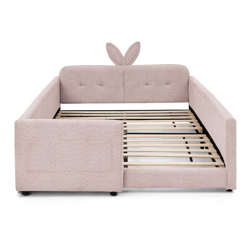 Upholstered Platform Bed with Safety Rail Pocket and RabbitEar Platform Bed w/Skin-friendly Boucle Wood Slat Support Bed Frame
